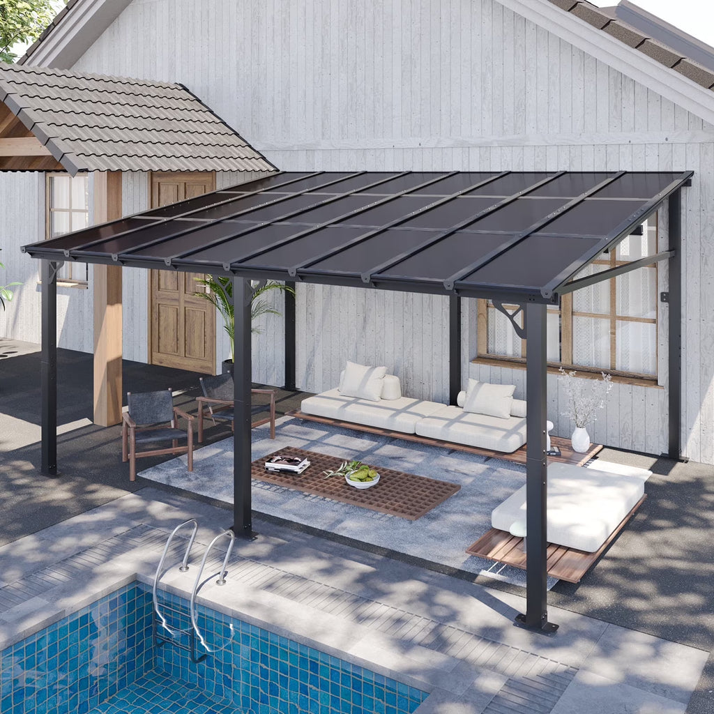 Nouveauté 2026 – Gazebo Aoxun de 2,4 m x 1,5 m pour patio, pergola avec toit incliné, grand auvent mural robuste pour barbecue, idéal pour jardin, terrasse ou patio