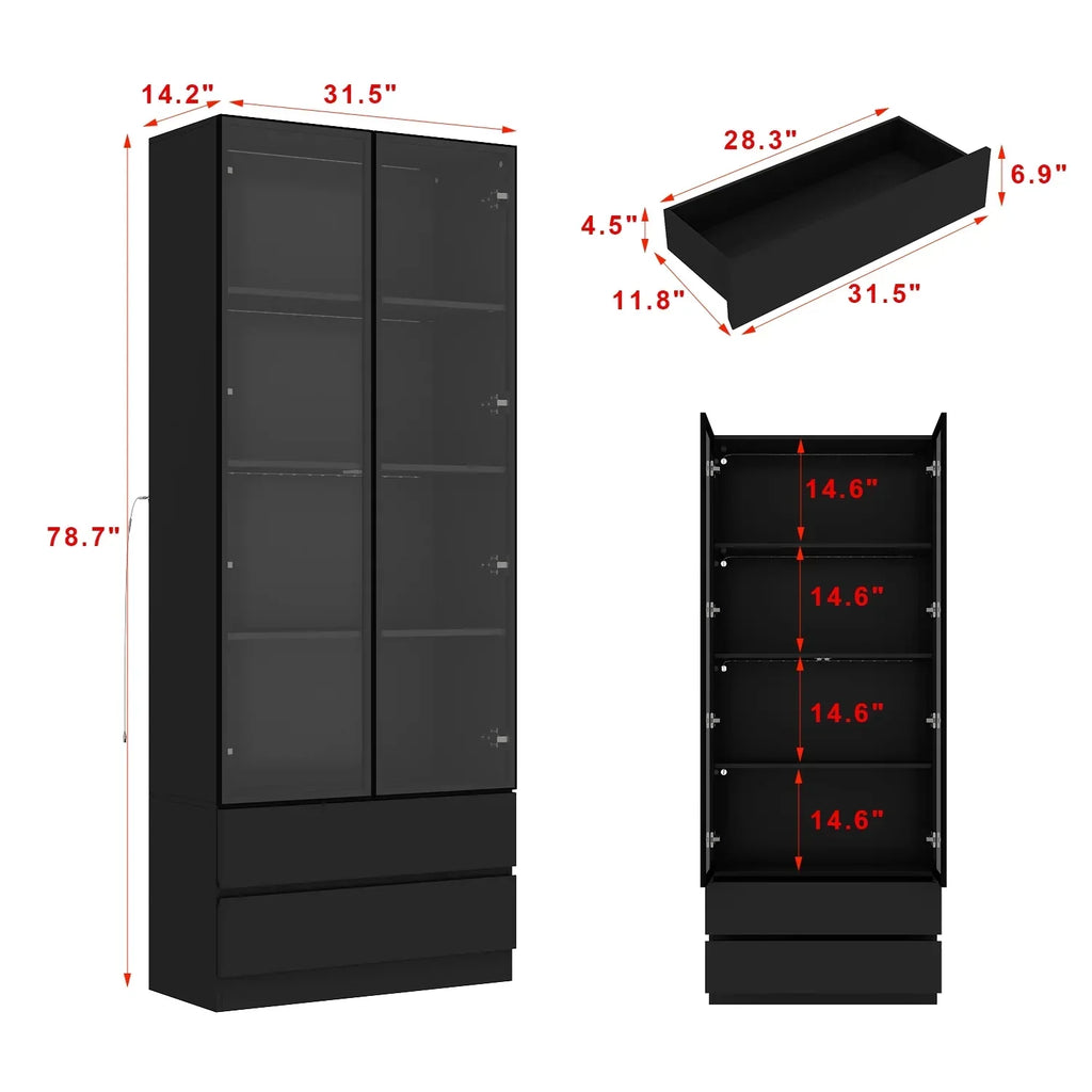 Nouveauté 2026 – Bibliothèque/organisateur KULAGAGA avec éclairage LED, vitrine robuste avec porte vitrée pour salon, 80 cm de large