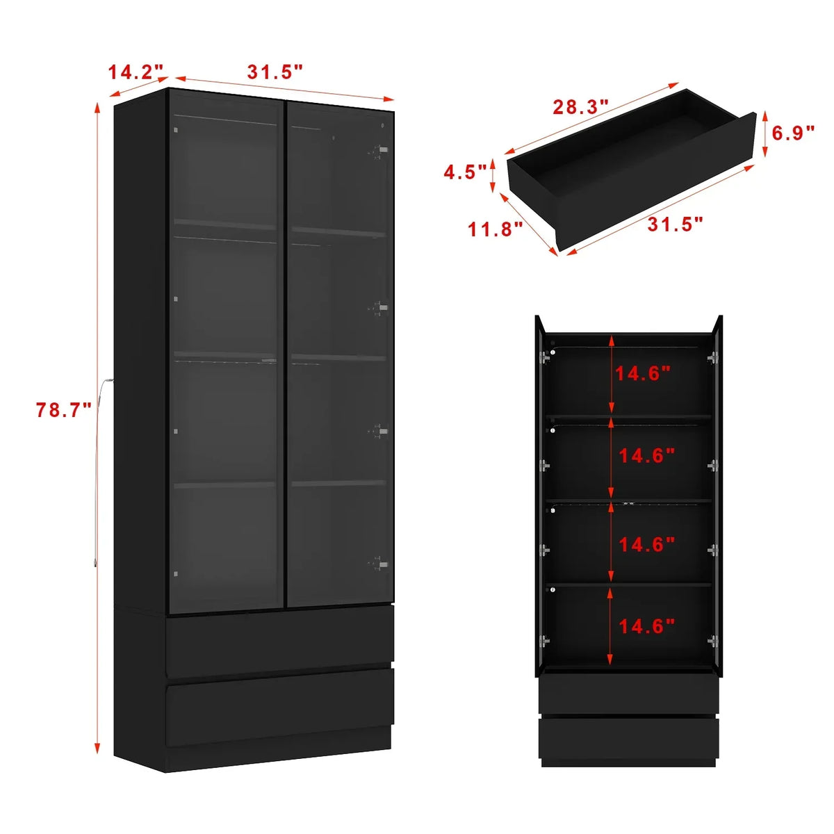 Nouveauté 2026 – Bibliothèque/organisateur KULAGAGA avec éclairage LED, vitrine robuste avec porte vitrée pour salon, 80 cm de large