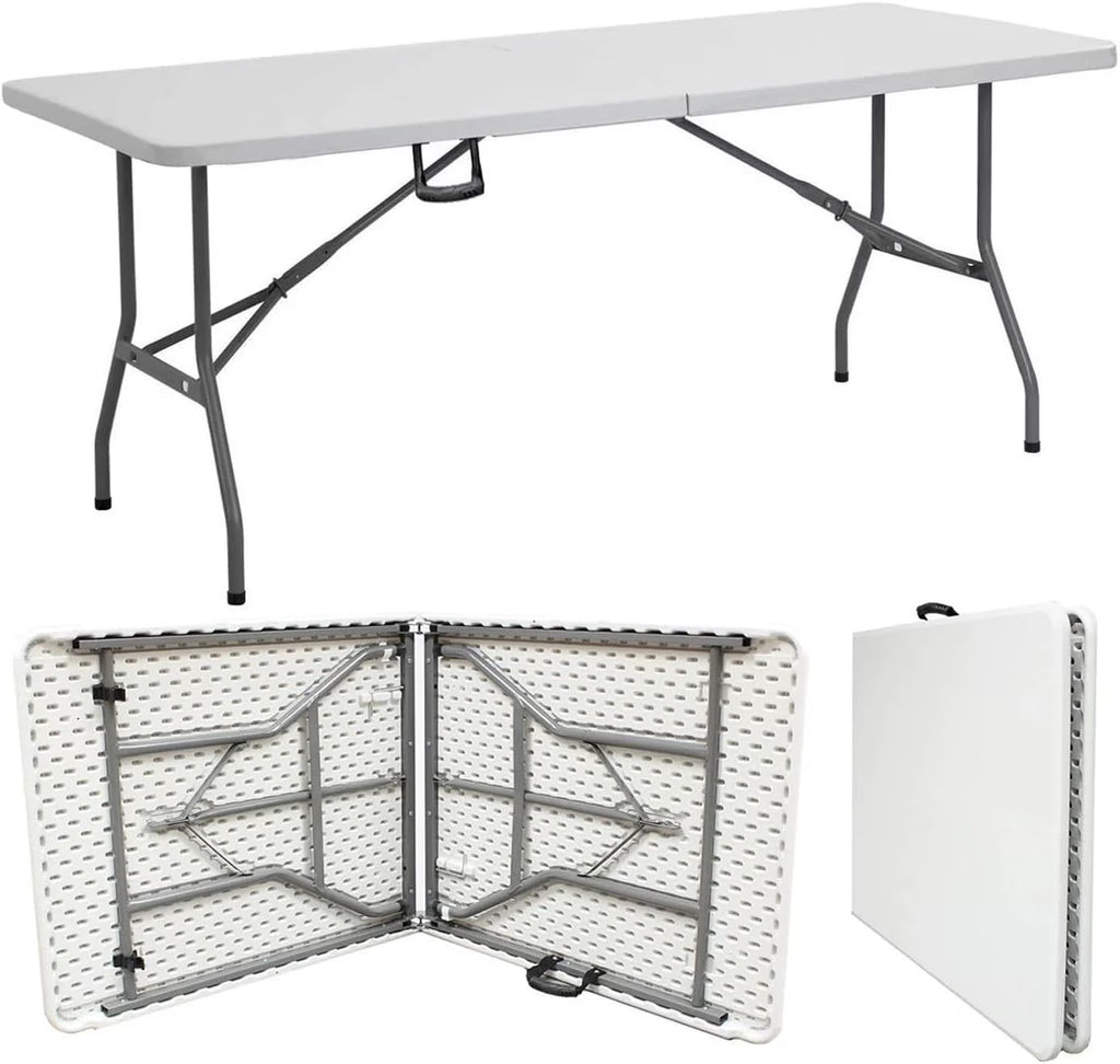 Nouveauté 2026 – Table pliante portable de 2,4 m (8 pi) en plastique blanc, idéale pour l'intérieur et l'extérieur, parfaite pour les fêtes, les pique-niques et le camping. Disponible en 4,2 m (4 pi), 1,8 m (6 pi) et 2,4 m (8 pi
