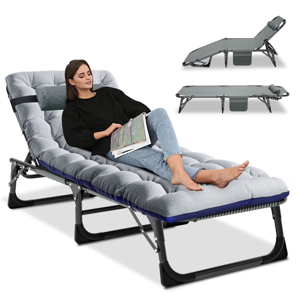 Nouveauté 2026 – Chaise longue MOPHOTO avec matelas, supportant jusqu'à 200 kg, lit de camp portable et robuste, réglable, idéal pour le camping, la piscine, la plage et la terrasse