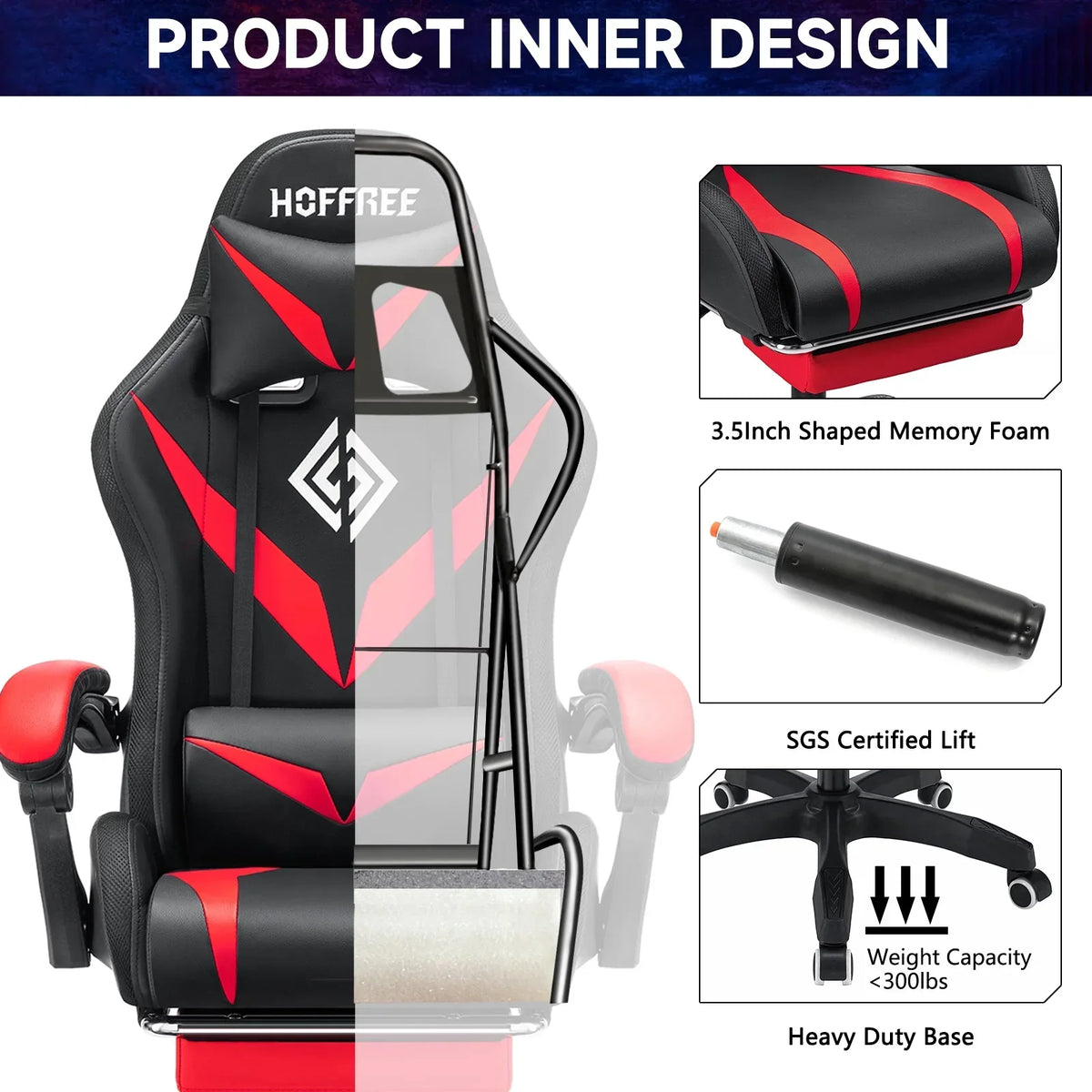Nouveauté 2026 – Fauteuil de jeu Hoffree avec haut-parleurs intégrés, en cuir PU, repose-pieds et éclairage LED. Fauteuil ergonomique pour gamer avec massage, soutien lombaire et appui-tête pivotant et réglable. Idéal pour le télétravail et le bureau