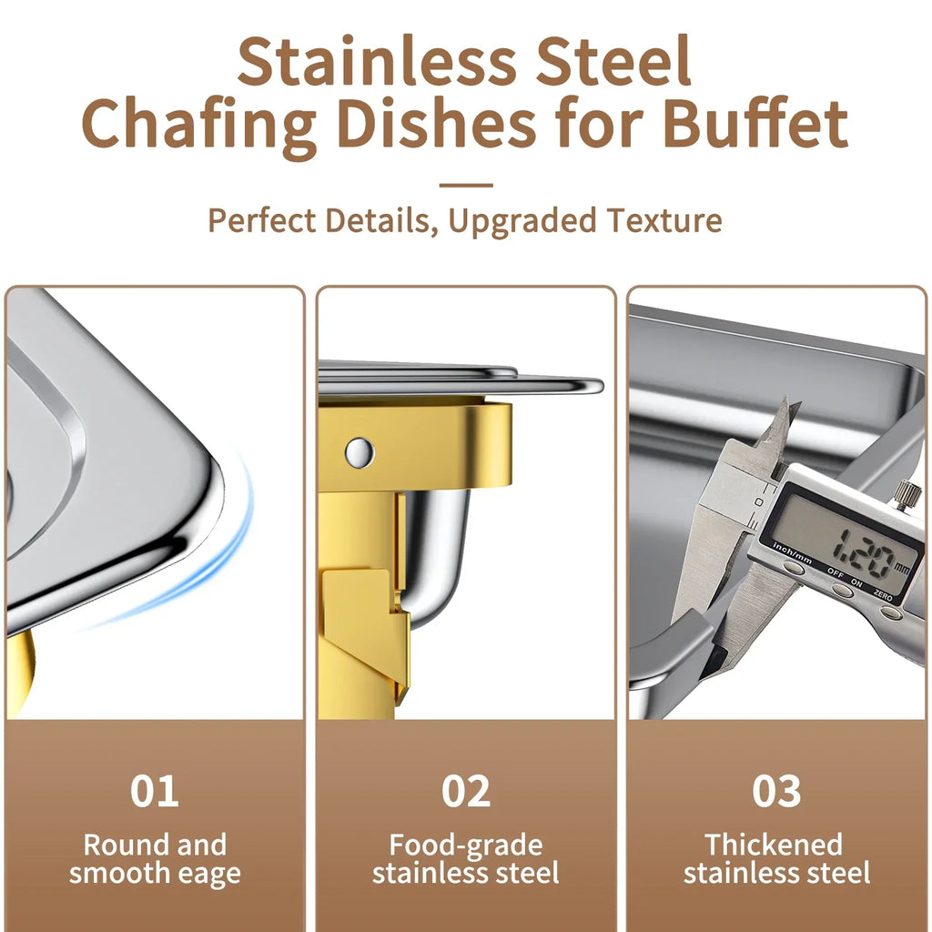 Nouveauté 2026 – Ensemble de 4 chafing dishes : Chafing dishes TINANA 8 QT en acier inoxydable pour buffet, chauffe-plats et réchauds pour fêtes, événements, mariages, camping, dîners - Or