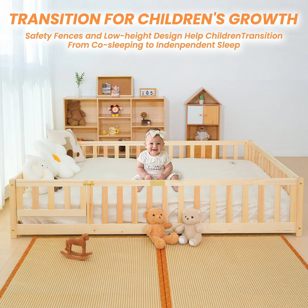 Nouveauté 2026 – Lit de sol Montessori pour tout-petits (taille jumelle), cadre de lit en bois massif avec barrière et porte, pour filles et garçons