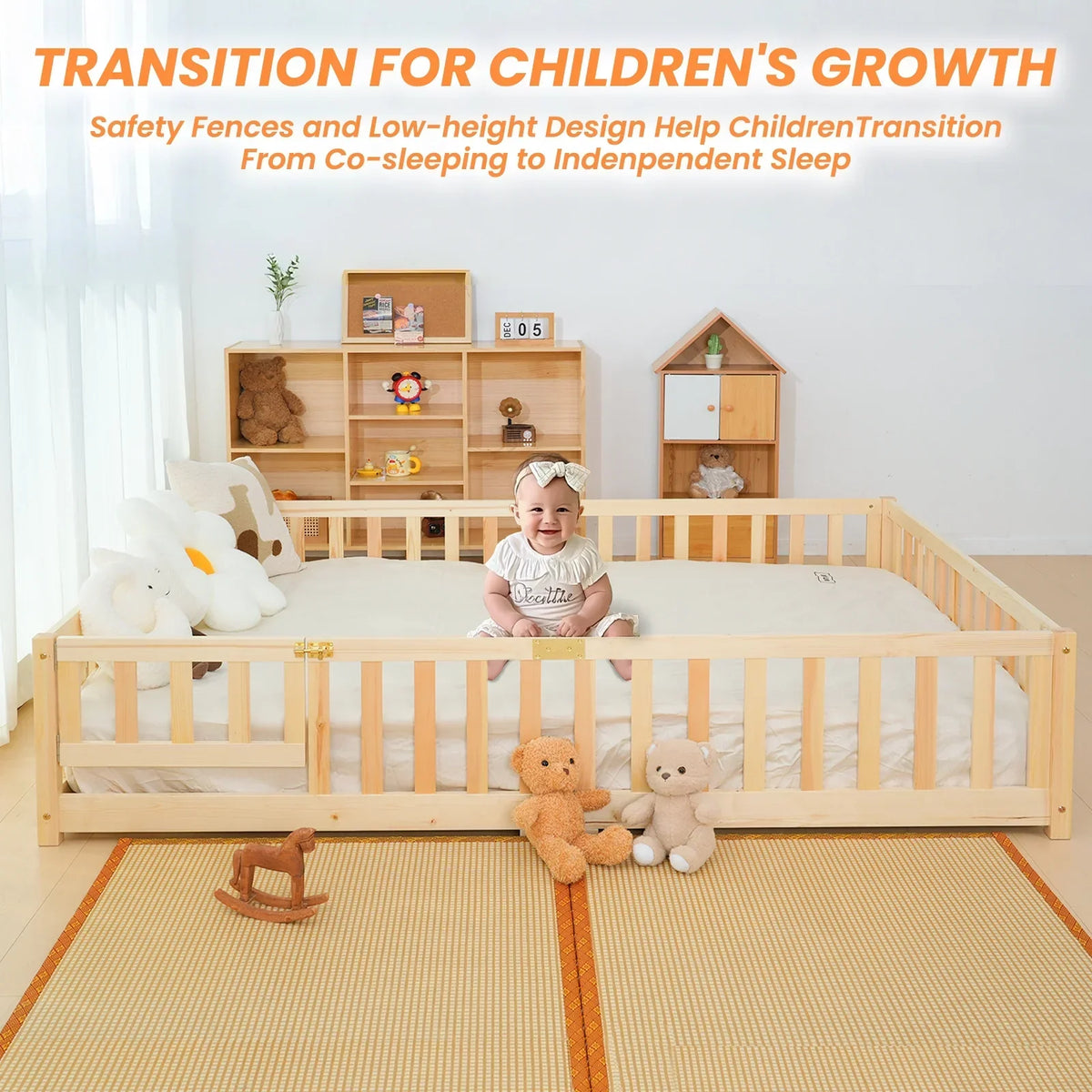 Nouveauté 2026 – Lit de sol Montessori pour tout-petits (taille jumelle), cadre de lit en bois massif avec barrière et porte, pour filles et garçons