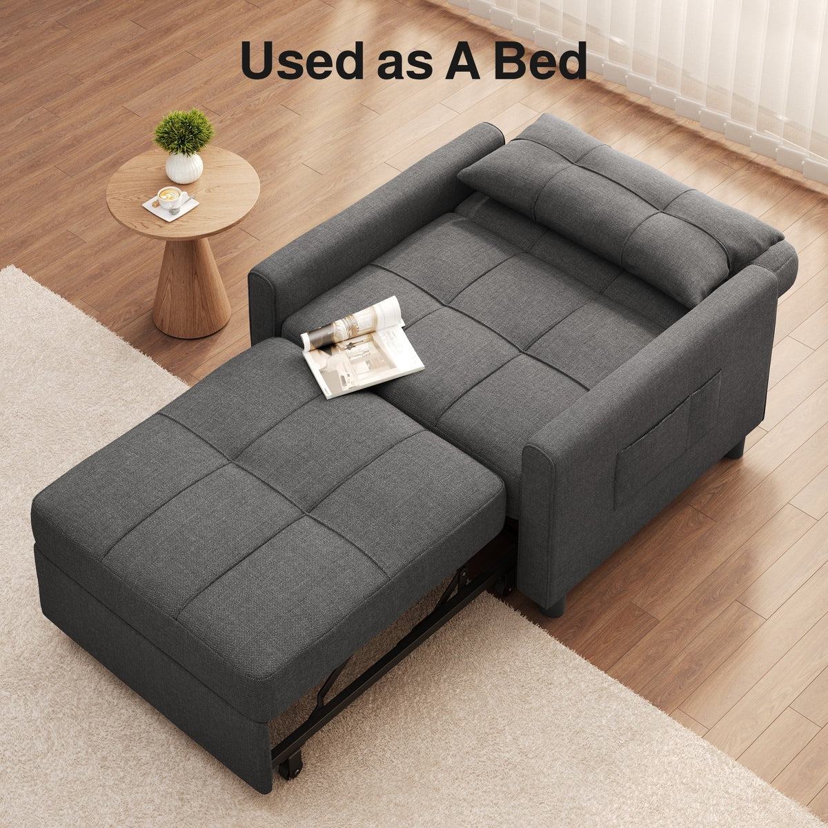 Nouveauté 2026 – Canapé-lit convertible 3 en 1 Lofka avec rangement, dossier réglable et fonction gigogne - Fauteuil-lit idéal pour les petits espaces et les appartements, gris foncé