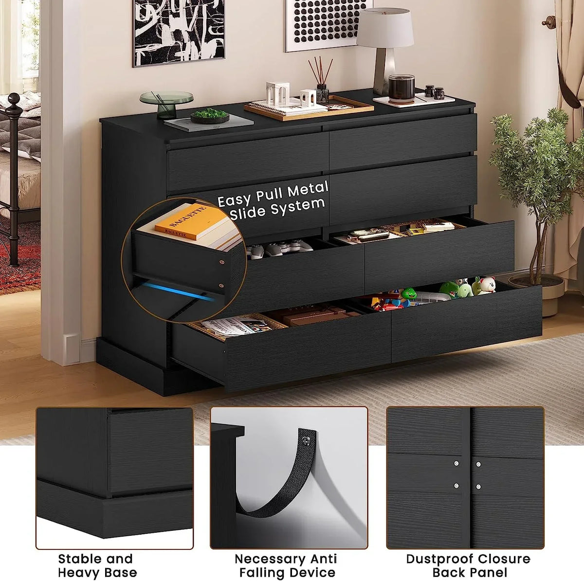 Nouveauté 2026 – Commode double à 8 tiroirs en bois noir, idéale pour la chambre à coucher ou le salon. Grand meuble de rangement pour la maison ou le salon