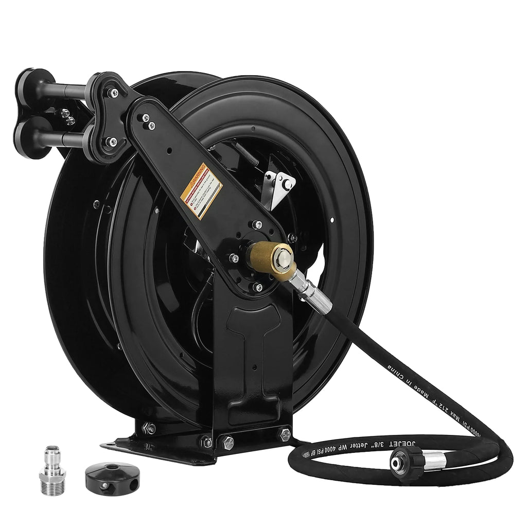 Nouveauté 2026 – Enrouleur de tuyau pour nettoyeur haute pression à rétraction automatique , 15 m x 9,5 mm, en acier robuste, double bras, 276 bar (4000 PSI