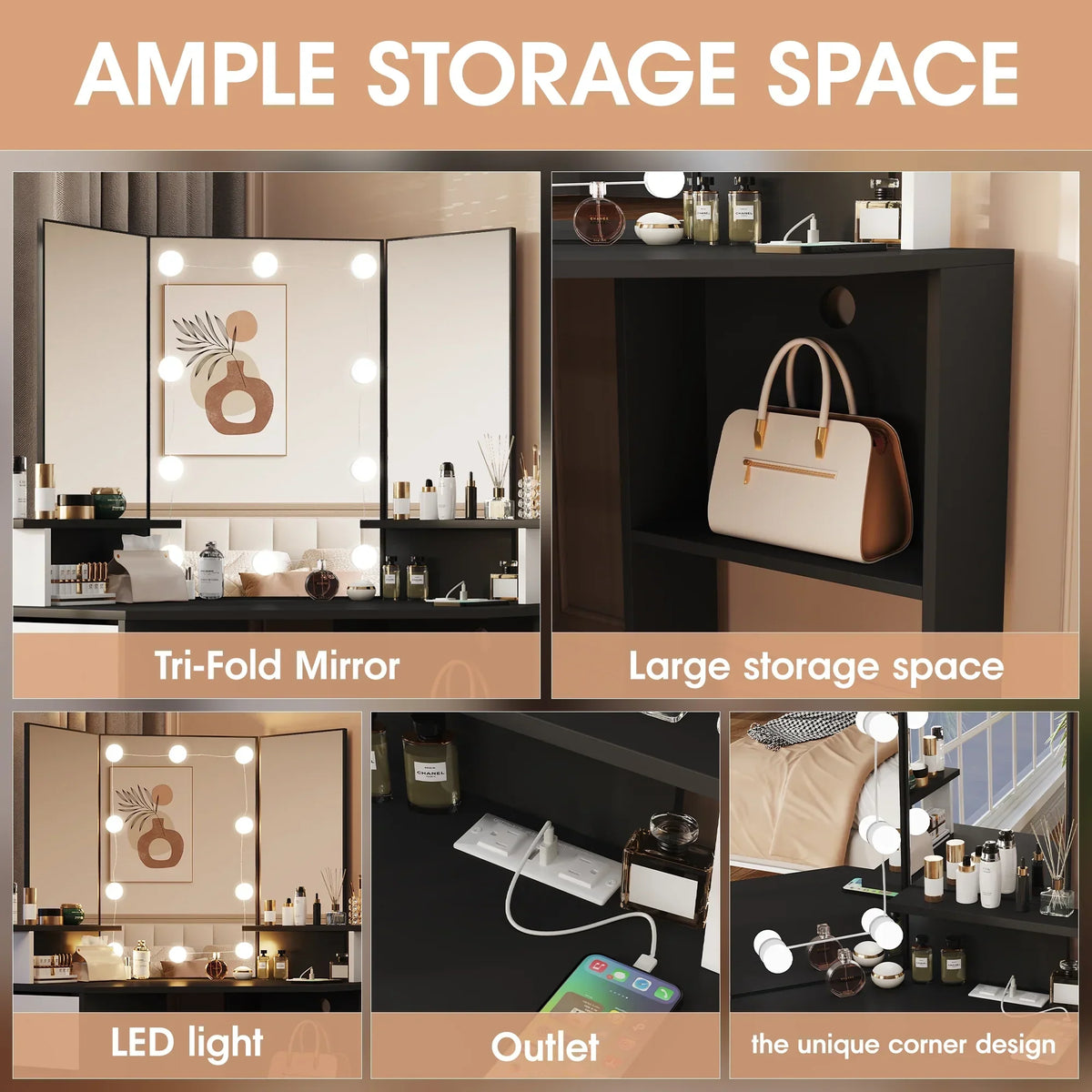 Nouveauté 2026 – Coiffeuse d'angle en placage bois blanc avec miroir et lumière, table de maquillage avec 4 tiroirs et station de recharge pour chambre à coucher