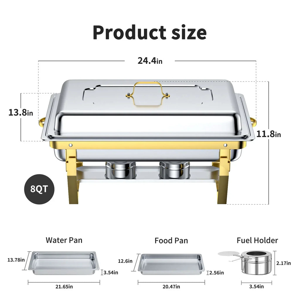 Nouveauté 2026 – Ensemble de 4 chafing dishes : Chafing dishes TINANA 8 QT en acier inoxydable pour buffet, chauffe-plats et réchauds pour fêtes, événements, mariages, camping, dîners - Or