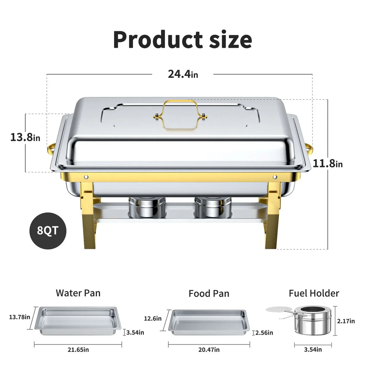 Nouveauté 2026 – Ensemble de 4 chafing dishes : Chafing dishes TINANA 8 QT en acier inoxydable pour buffet, chauffe-plats et réchauds pour fêtes, événements, mariages, camping, dîners - Or