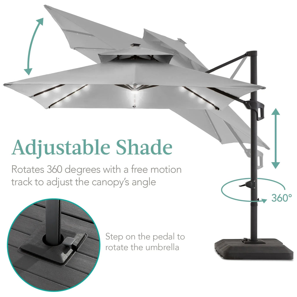 Nouveauté 2026 – Parasol de terrasse carré déporté à deux niveaux, 3 x 3 m, à éclairage solaire LED, avec base incluse (Best Choice Products, ) - Beige