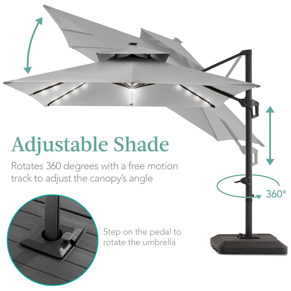 Nouveauté 2026 – Parasol de terrasse carré déporté à deux niveaux, 3 x 3 m, à éclairage solaire LED, avec base incluse (Best Choice Products, ) - Beige