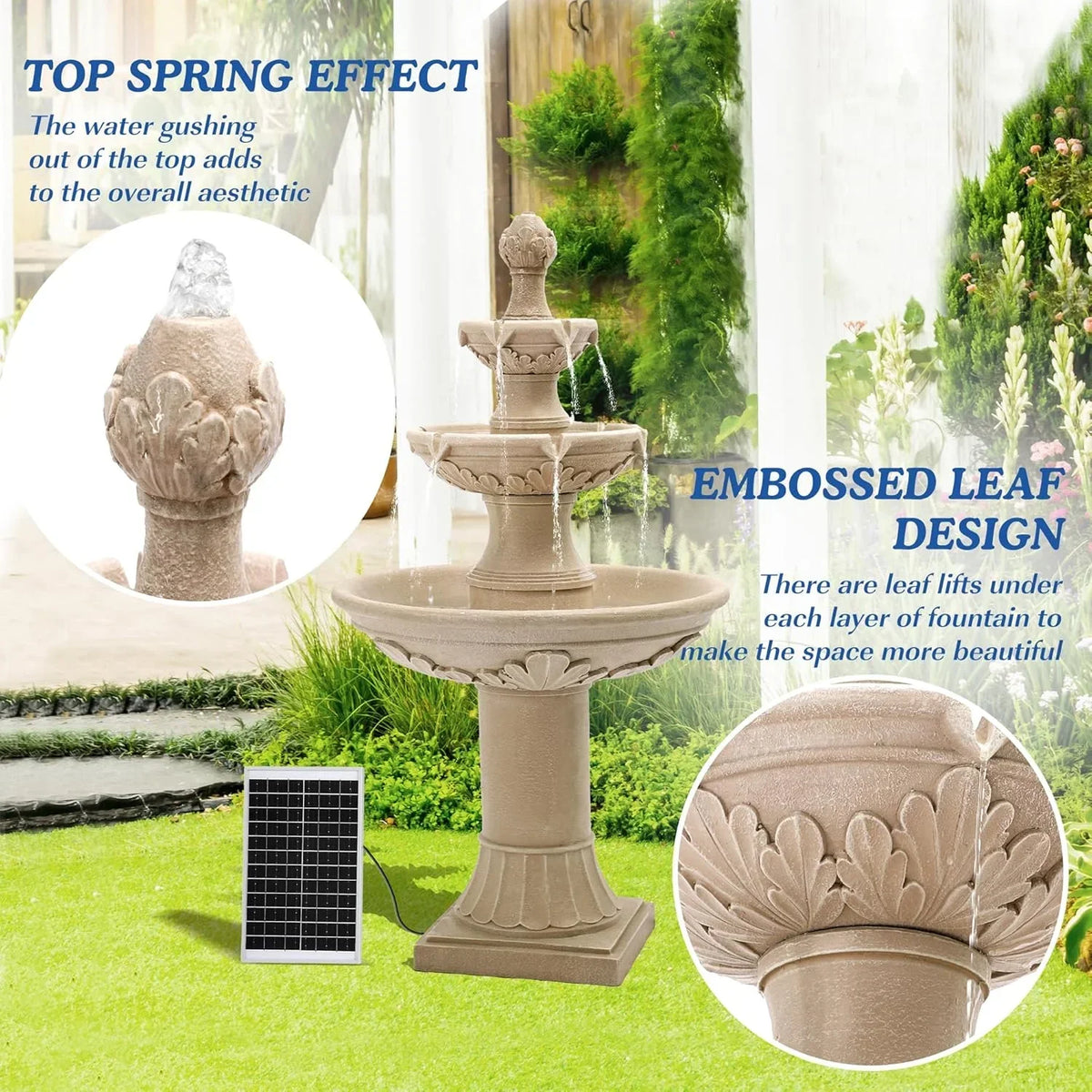 Nouveauté 2026 – Fontaine solaire italienne Magic Union - Décoration de jardin extérieur - Fontaine et cascade de 123 cm de haut, grande fontaine à bulles en résine à poser au sol pour l'intérieur, avec pompe, idéale pour terrasse et jardin