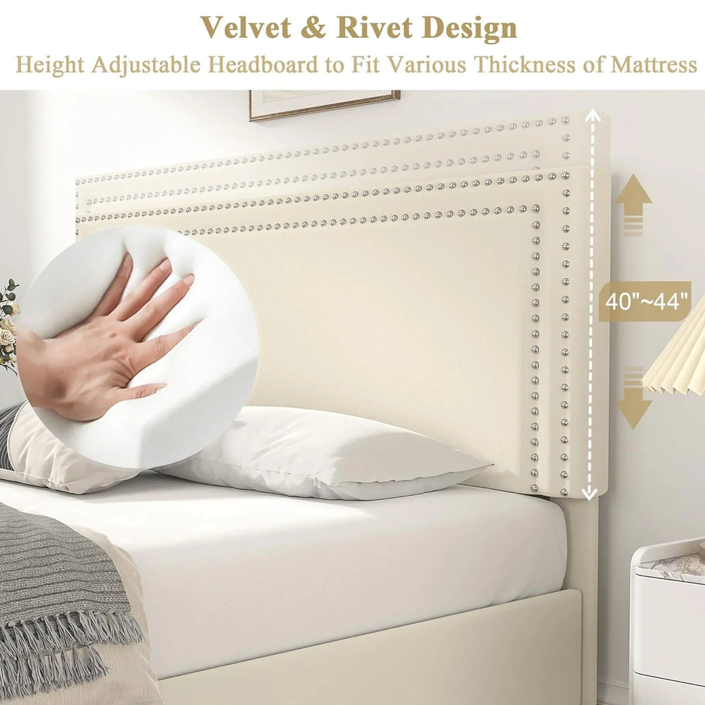 Nouveauté 2026 – Lit plateforme VECELO , beige, avec 4 tiroirs de rangement à roulettes, tête de lit capitonnée et réglable