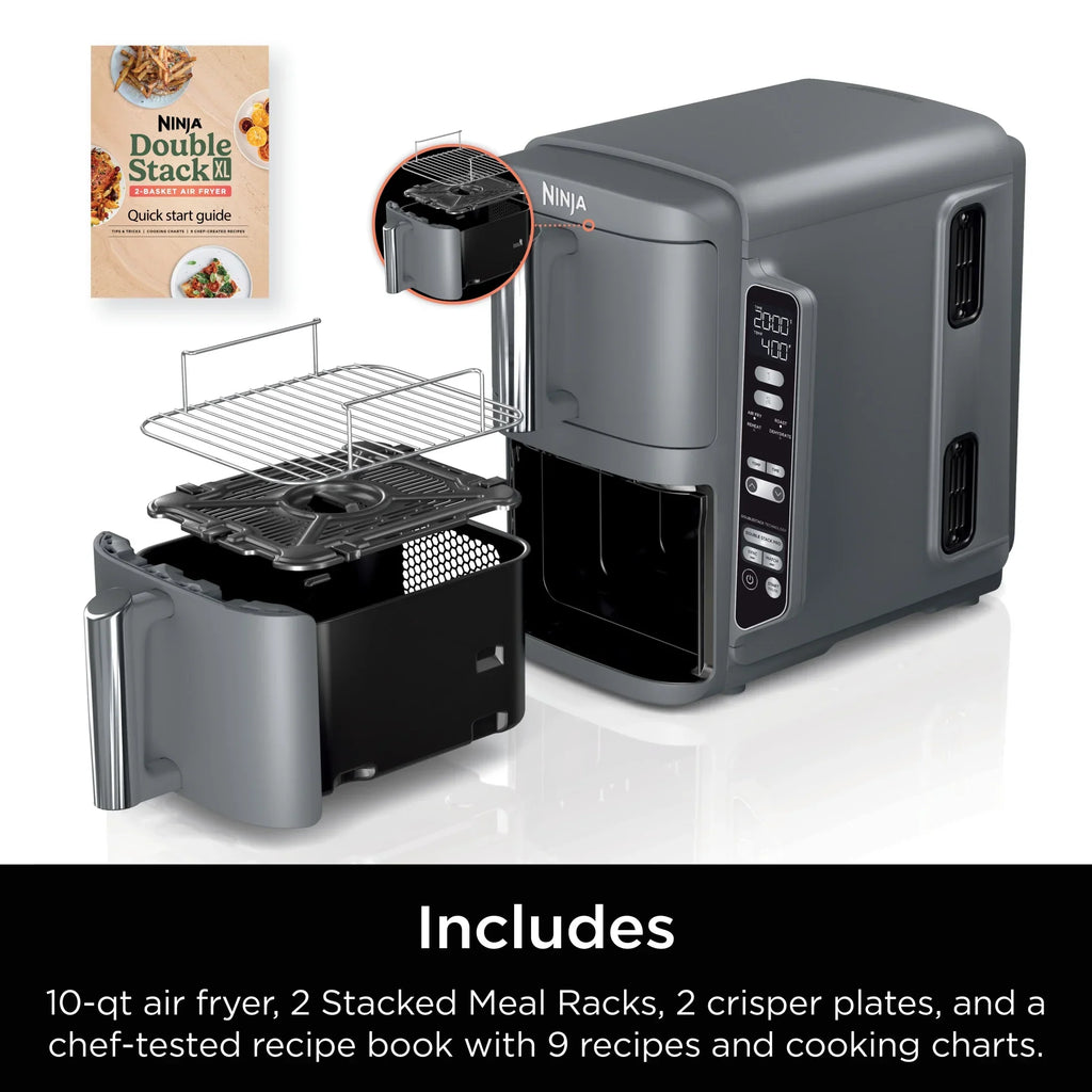 Nouveauté 2026 – Friteuse à air Ninja DoubleStack XL à 2 paniers, technologie DoubleStack permettant de cuire 4 aliments simultanément, conception compacte, 10 pintes, 4 en 1, Smart Finish & Match Cook, SL400