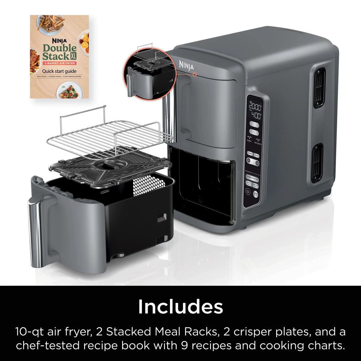 Nouveauté 2026 – Friteuse à air Ninja DoubleStack XL à 2 paniers, technologie DoubleStack permettant de cuire 4 aliments simultanément, conception compacte, 10 pintes, 4 en 1, Smart Finish & Match Cook, SL400