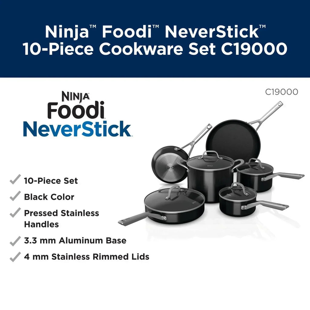 Nouveauté 2026 – Batterie de cuisine 10 pièces Ninja C19000 Foodi NeverStick, noire