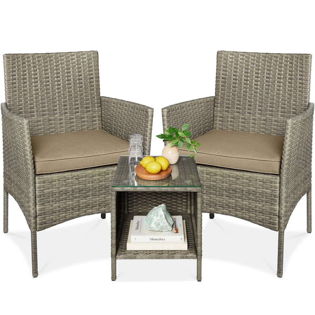 Nouveauté 2026 – Ensemble bistro de jardin 3 pièces en résine tressée Best Choice Products , avec 2 chaises et une table - Gris/Bleu marine