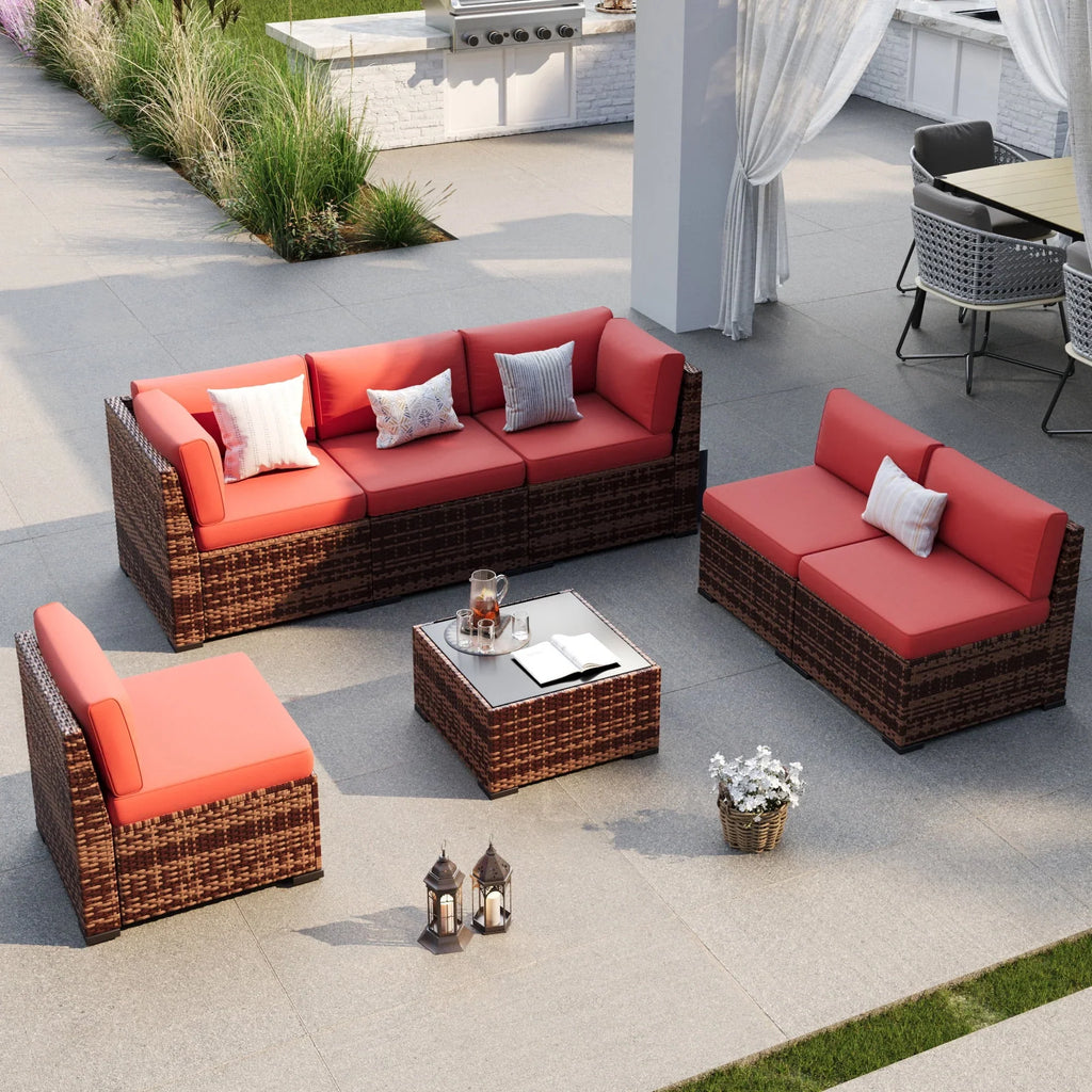 Nouveauté 2026 – Ensemble de mobilier de patio 7 pièces ELPOSUN , canapé d'angle en rotin gris foncé pour jardin