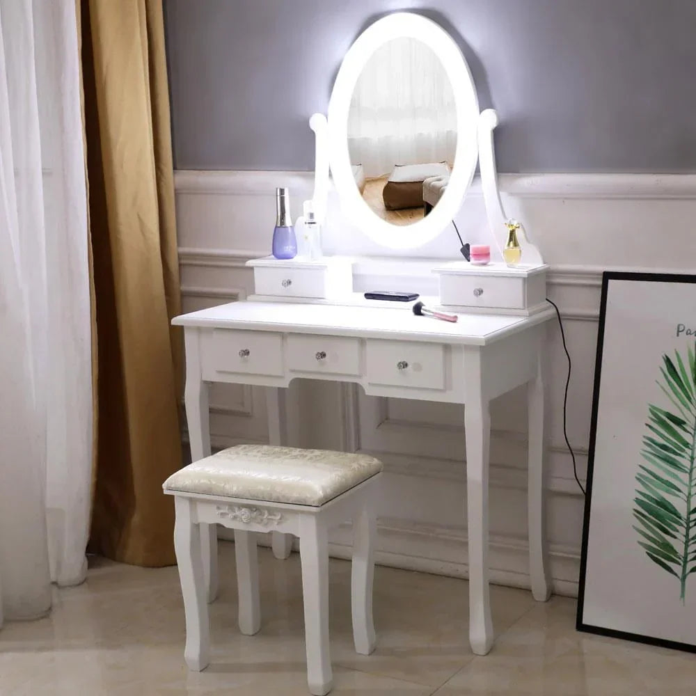 Nouveauté 2026 – Coiffeuse Ktaxon avec 10 lumières LED, 5 tiroirs et tabouret rembourré, ensemble de coiffeuse blanc pour chambre à coucher