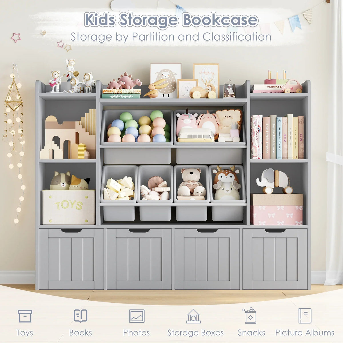 Nouveauté 2026 – Bibliothèque enfant Hiphuta à 3 niveaux avec rangement pour jouets, en bois, composée de 6 boîtes et 4 tiroirs amovibles, blanche