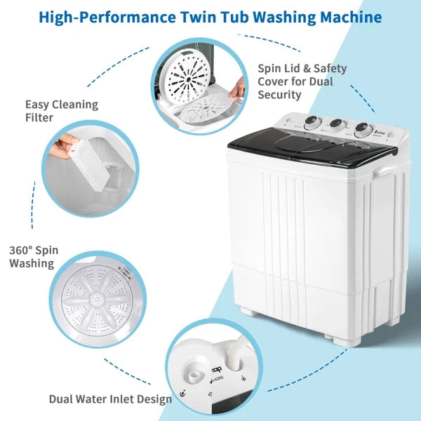 Nouveauté 2026 – Lave-linge semi-automatique compact 1300 tr/min, 9 kg (20 lb), double cuve, avec pompe intégrée, idéal pour appartement, résidence étudiante, camping-car et camping. Blanc/noir