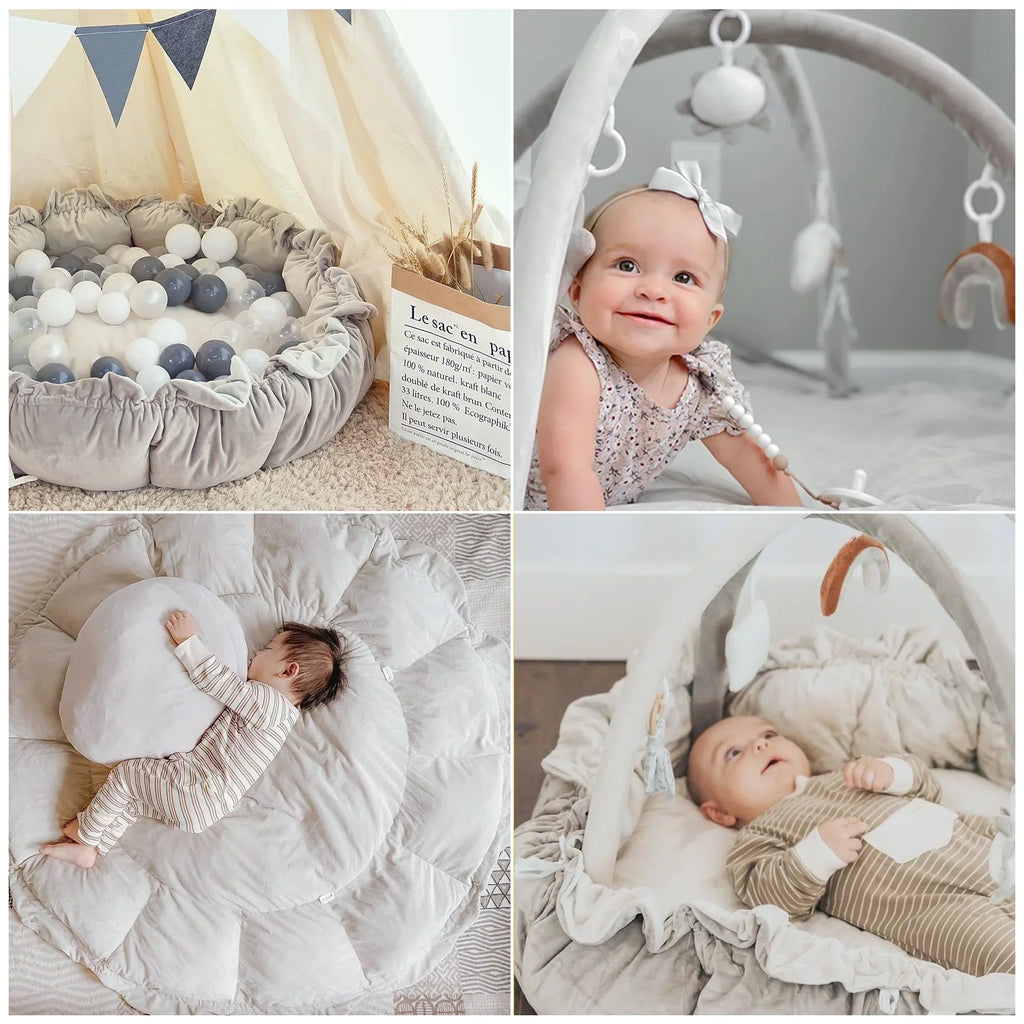 Nouveauté 2026 – Tapis d'éveil 5 en 1 épais et moelleux, convertible et évolutif, pour bébés et jeunes enfants. Piscine à balles et coussin pour animaux inclus. Balles non incluses