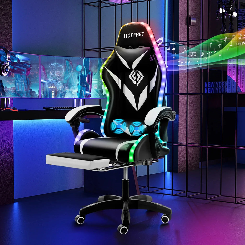 Nouveauté 2026 – Fauteuil de jeu Hoffree avec haut-parleurs intégrés, en cuir PU, repose-pieds et éclairage LED. Fauteuil ergonomique pour gamer avec massage, soutien lombaire et appui-tête pivotant et réglable. Idéal pour le télétravail et le bureau