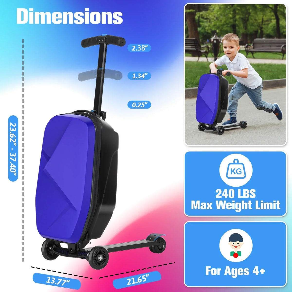 Nouveauté 2026 – Valise-trottinette Advwin pour enfants et adultes, valise rigide à roulettes pour enfants de 4 à 15 ans, multifonctionnelle, légère et pliable, avec roulettes, rose