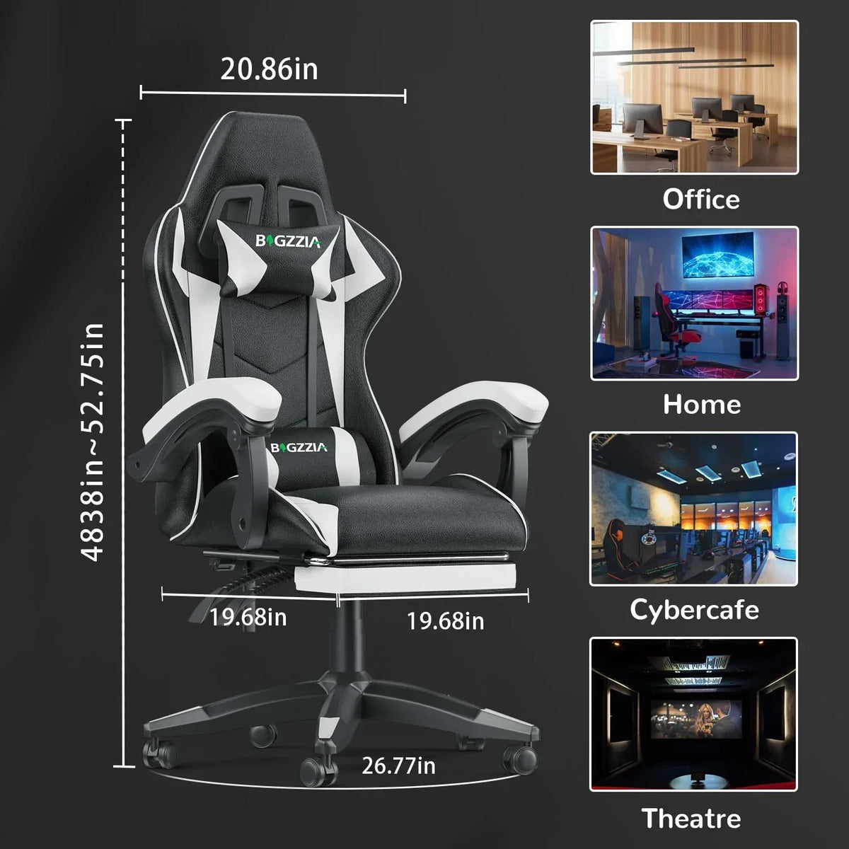 Nouveauté 2026 – Chaise de jeu Bigzzia , chaise de bureau ergonomique avec appui-tête et soutien lombaire réglables en hauteur, pour adultes et adolescents, noir et blanc