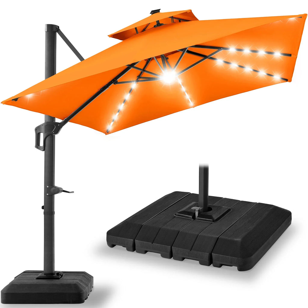 Nouveauté 2026 – Parasol de terrasse carré déporté à deux niveaux, 3 x 3 m, à éclairage solaire LED, avec base incluse (Best Choice Products, ) - Beige
