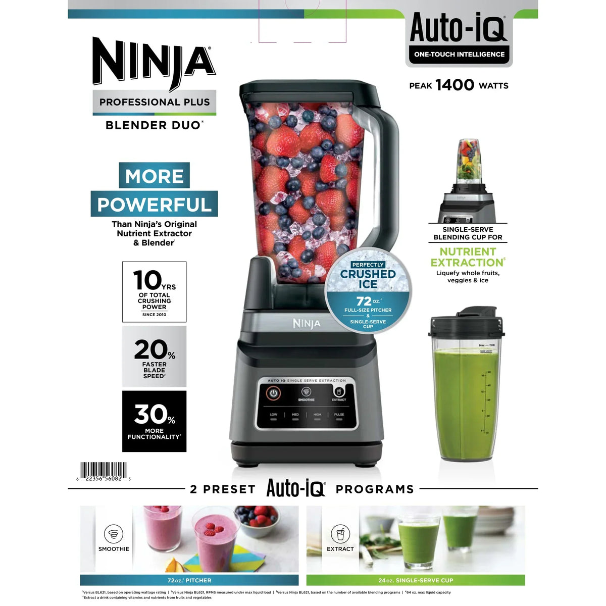Nouveauté 2026 – Blender Ninja Professional Plus DUO , 1400 W, 2 programmes Auto-IQ pour smoothies, extraction des nutriments, pichet de broyage total de 2,1 L* et (1) gobelet de 710 ml à emporter, noir, BN750