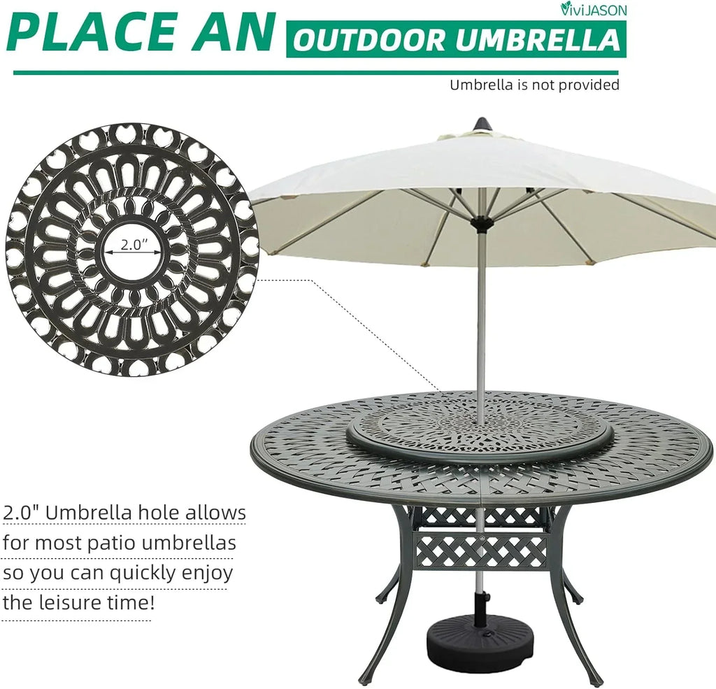 Nouveauté 2026 – Table de salle à manger d'extérieur VIVIJASON , 155 cm (61 po), pour 6 à 8 personnes, grande table ronde avec plateau tournant de 61 cm (24 po), en aluminium moulé bronze foncé au style rustique, avec trou pour parasol, idéale pour b