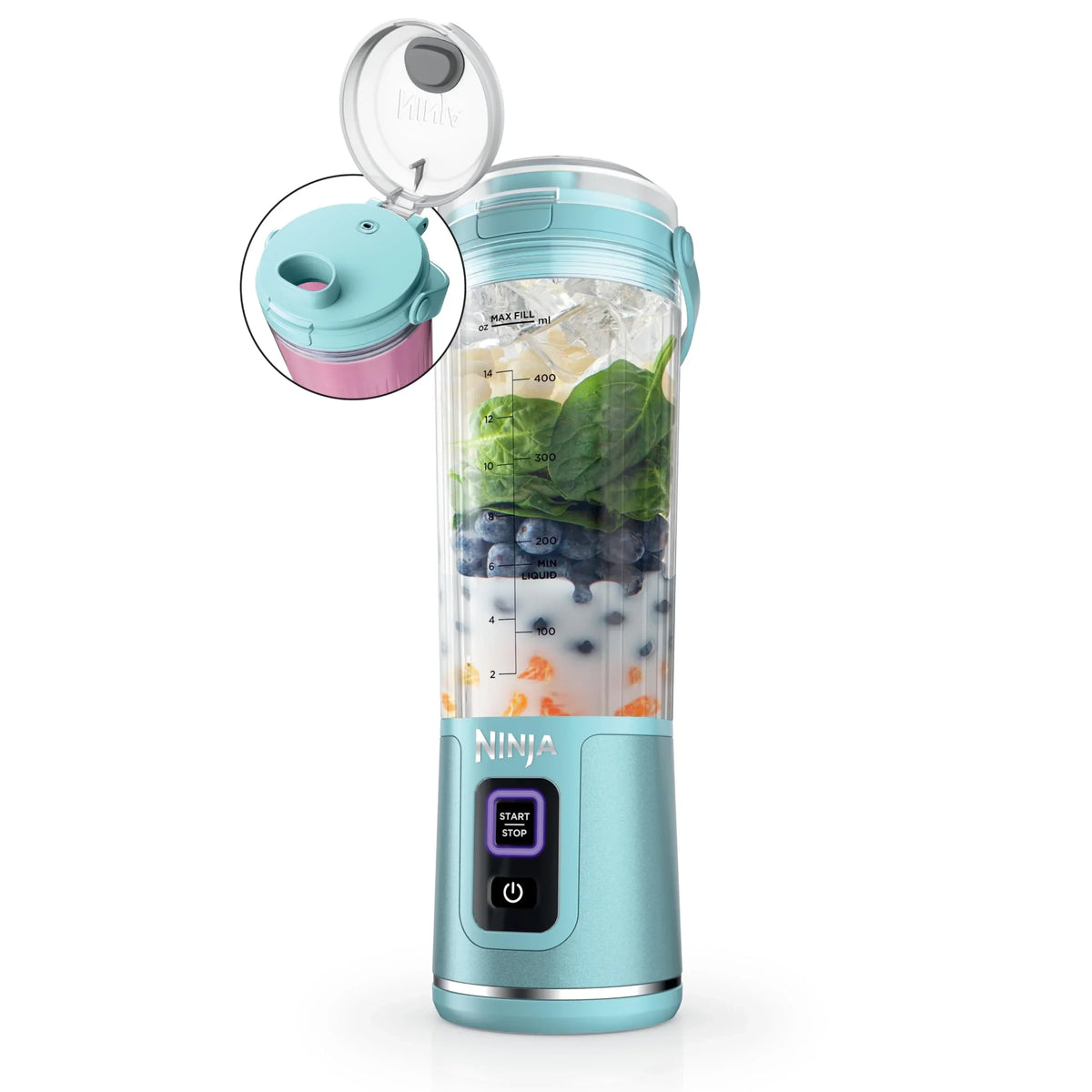 Nouveauté 2026 – Blender portable Ninja Blast , sans fil, bol de 532 ml (18 oz), blender individuel pour milkshakes et smoothies, sans BPA, couvercle étanche et bec verseur, rechargeable par USB-C, pièces compatibles lave-vaisselle, violet métallisé