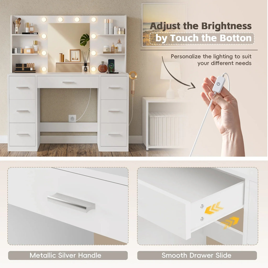 Nouveauté 2026 – Coiffeuse Lacoo avec miroir et éclairage LED, meuble de maquillage avec 7 tiroirs et 4 étagères, table de toilette avec prise électrique pour chambre ou dressing, blanche