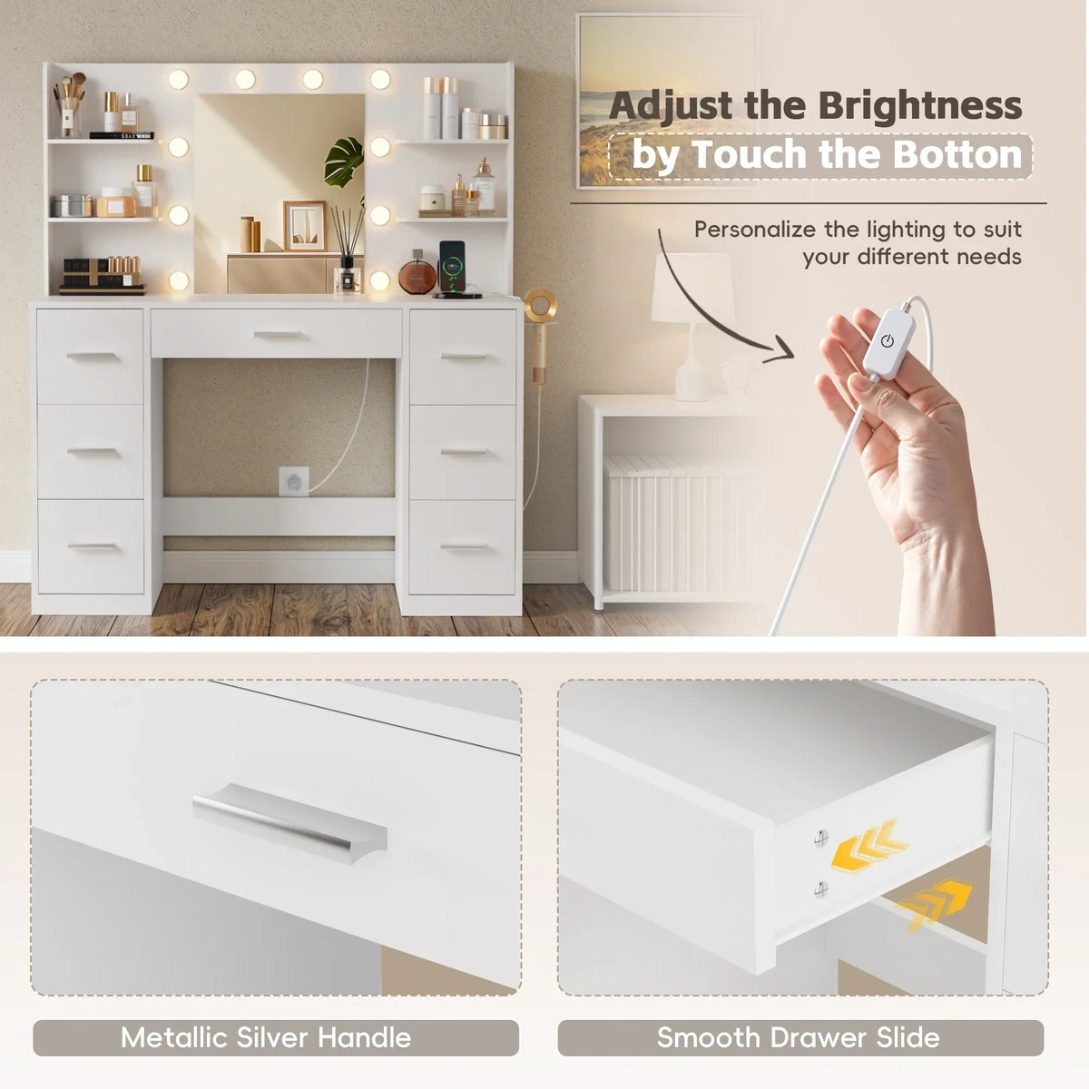 Nouveauté 2026 – Coiffeuse Lacoo avec miroir et éclairage LED, meuble de maquillage avec 7 tiroirs et 4 étagères, table de toilette avec prise électrique pour chambre ou dressing, blanche