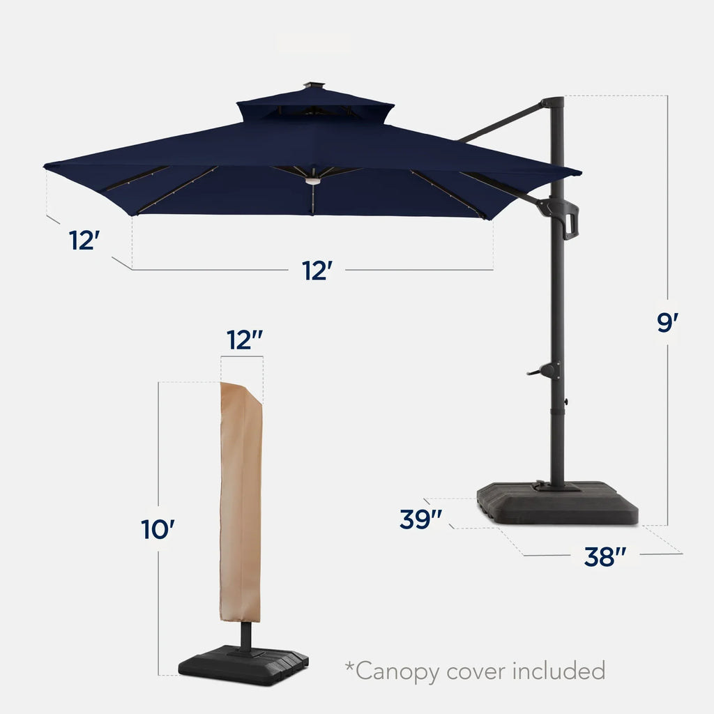 Nouveauté 2026 – Parasol déporté carré d'extérieur à deux niveaux, 3,66 m x 3,66 m, à éclairage solaire LED, avec base rotative à 360°, bleu marine, Best Choice Products