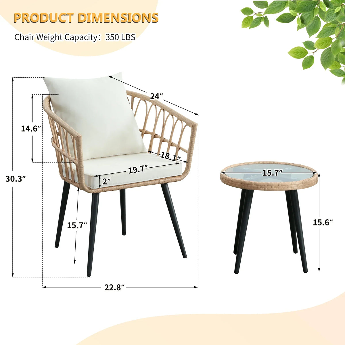 Nouveauté 2026 – Ensemble bistro de patio 3 pièces FHFO , mobilier d'extérieur en résine tressée pour balcon, appartement ou terrasse, ensemble table et chaises en rotin (2 pièces), beige