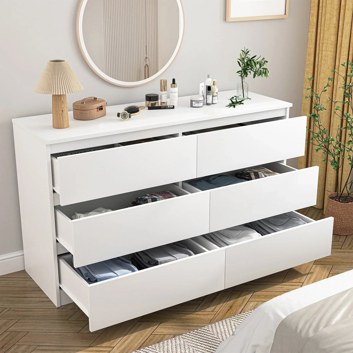 Nouveauté 2026 – Commode Resenkos moderne style milieu du siècle, 6 tiroirs, large, pour chambre à coucher, grise