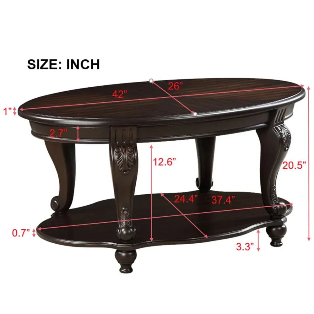 Nouveauté 2026 – Table basse ovale 42" avec étagère de rangement, table basse à deux niveaux en bois massif, style rétro traditionnel pour salon, supporte jusqu'à 181 kg, couleur cerisier