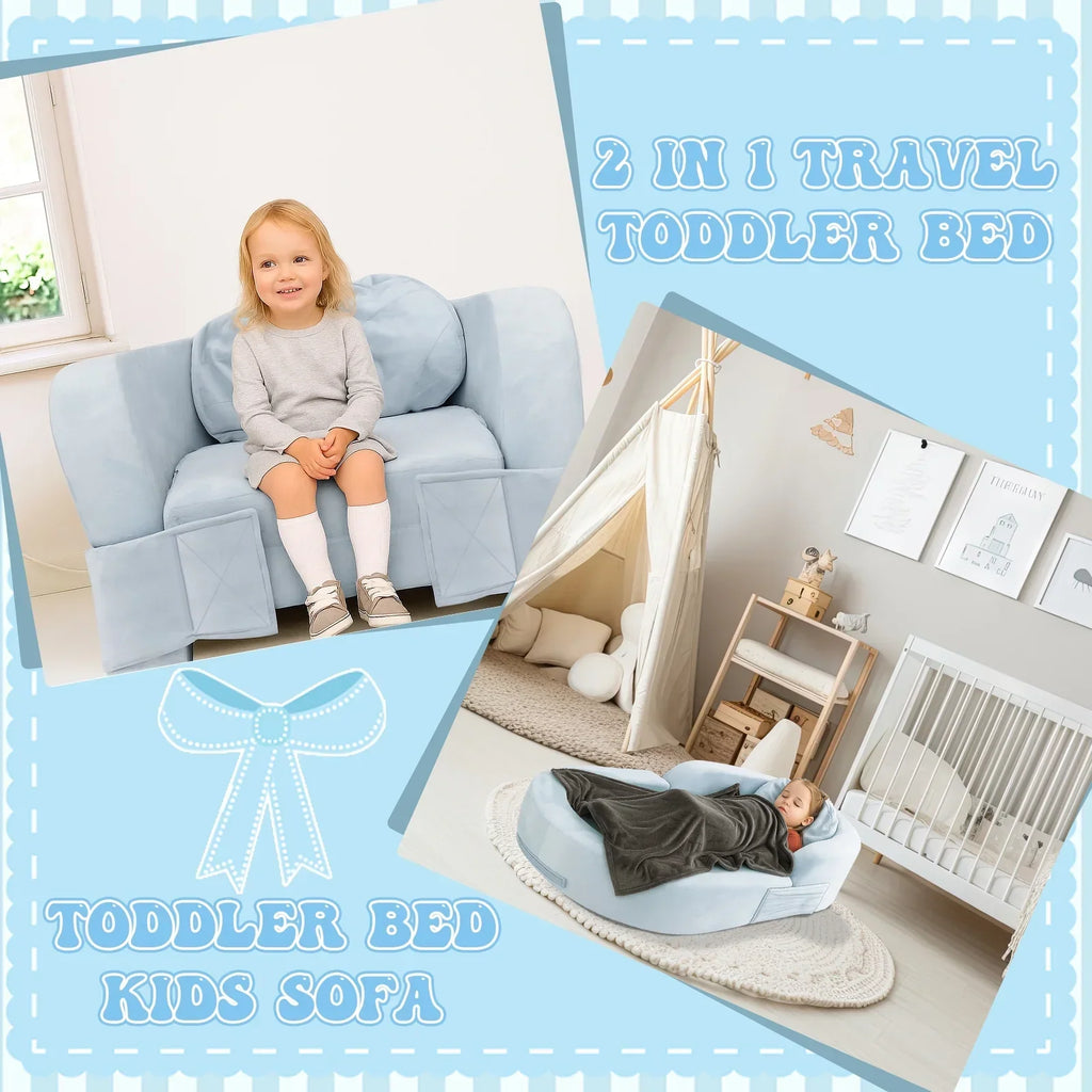 Nouveauté 2026 – Lit de voyage pour tout-petits Coumy 2-en-1 avec housse amovible, matelas pliable et portable en mousse souple, sac de transport inclus, bleu