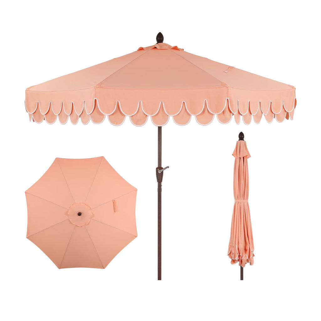 Nouveauté 2026 – Parasol de marché JONATHAN Y Tracy 2,74 m (9 pi), style classique milieu du siècle, franges festonnées, manivelle d'inclinaison automatique, aération et protection UV, rose corail/blanc, mât marron foncé