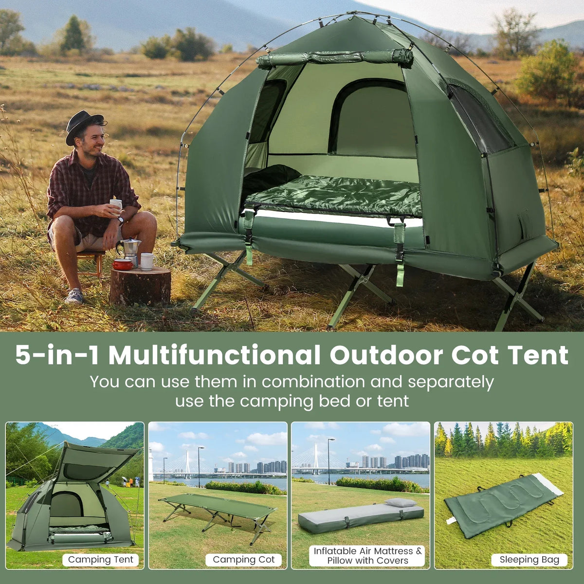 Nouveauté 2026 – Lit de camp gonflable Goplus 1 personne imperméable avec matelas gonflable, oreiller et sac de couchage