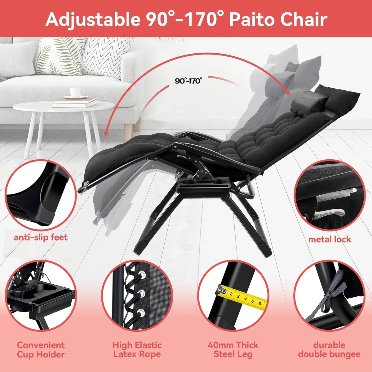 Nouveauté 2026 – Fauteuil zéro gravité surdimensionné VECUKTY XXL - Capacité de 227 kg, siège rembourré de 84 cm de large, fauteuil de voyage pliable pour une utilisation intérieure/extérieure - Terrasse, pelouse, noir, portable et robuste