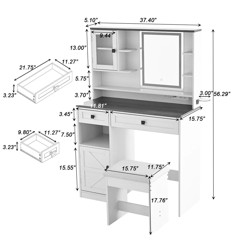 Nouveauté 2026 – Coiffeuse Farmhouse avec miroir et éclairage, ensemble coiffeuse avec station de charge et tabouret, tiroirs, étagères et armoire latérale, blanc