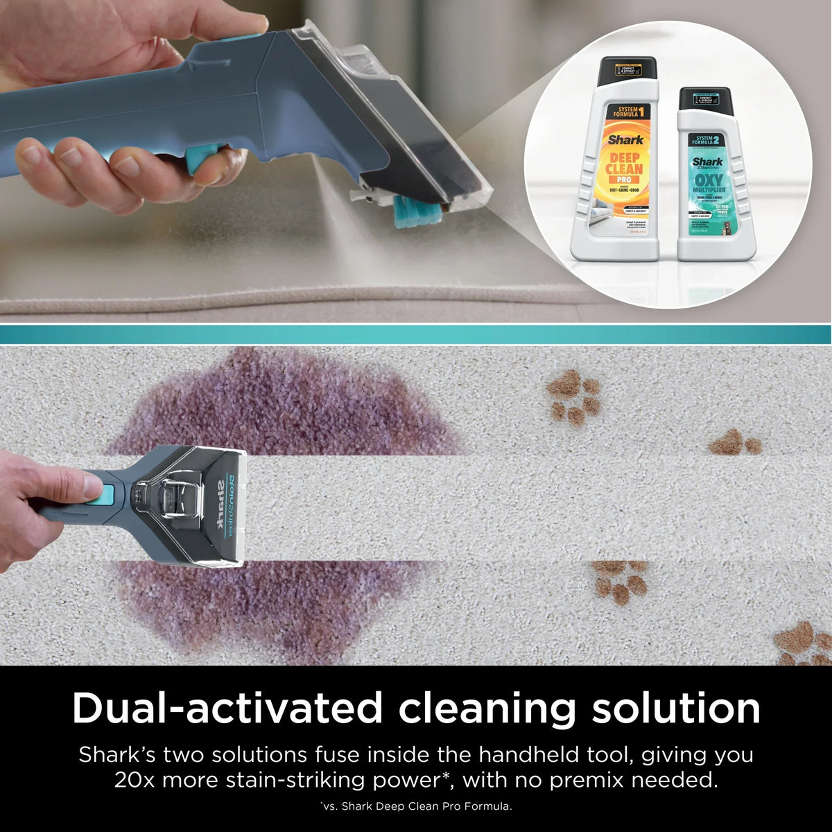 Nouveauté 2026 – Nettoyant pour tapis et tissus d'ameublement Shark StainStriker , portable avec 2 accessoires, 177 ml de formule Deep Clean Pro et 355 ml de formule OXY Multiplier, PX200 bleu marine/blanc