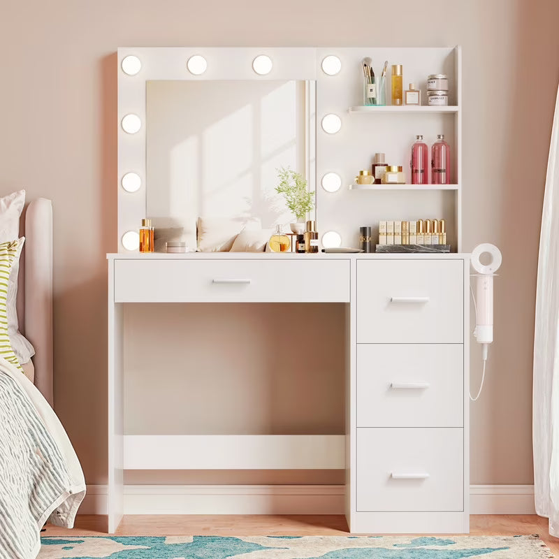 Nouveauté 2026 – Coiffeuse Lacoo avec miroir et éclairage LED, meuble de maquillage avec 7 tiroirs et 4 étagères, table de toilette avec prise électrique pour chambre ou dressing, blanche