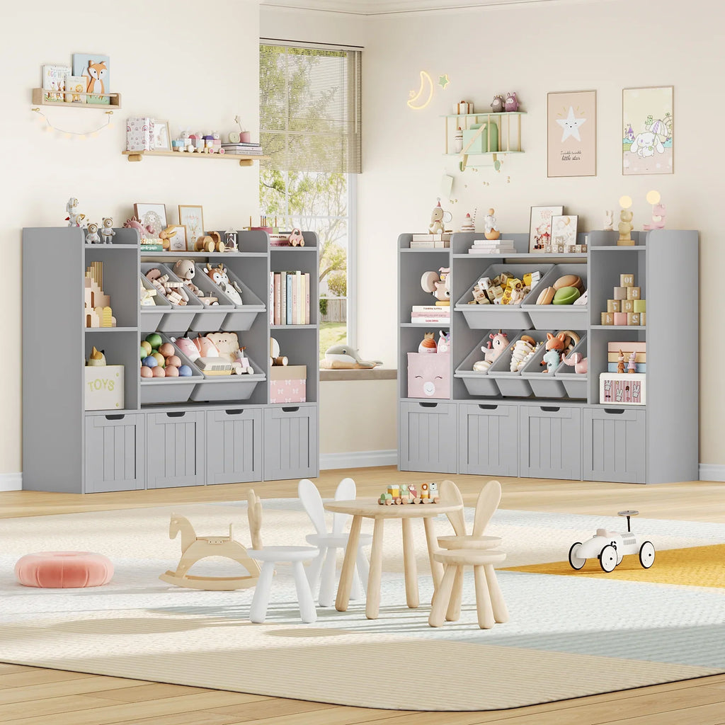 Nouveauté 2026 – Bibliothèque enfant Hiphuta à 3 niveaux avec rangement pour jouets, en bois, composée de 6 boîtes et 4 tiroirs amovibles, blanche