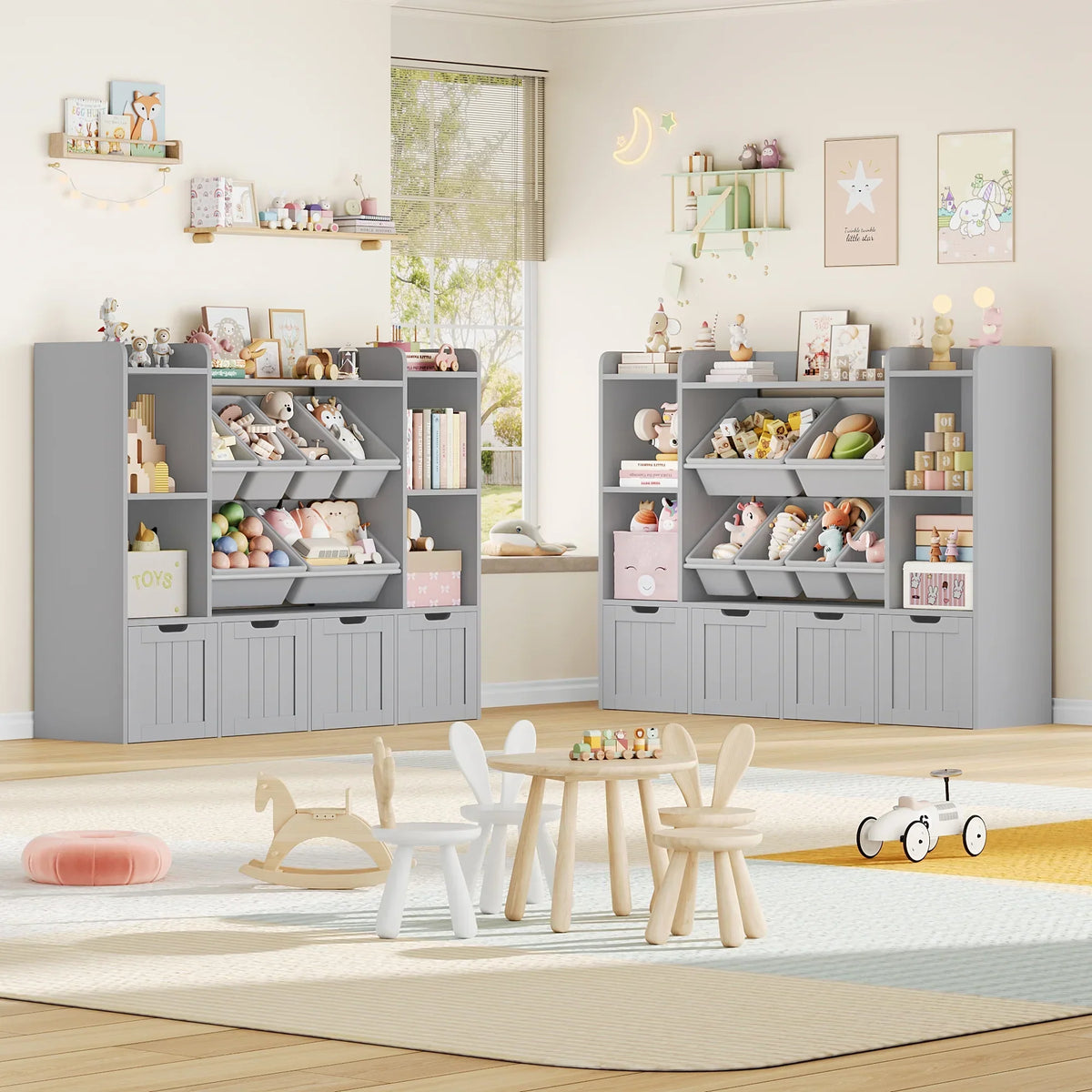 Nouveauté 2026 – Bibliothèque enfant Hiphuta à 3 niveaux avec rangement pour jouets, en bois, composée de 6 boîtes et 4 tiroirs amovibles, blanche